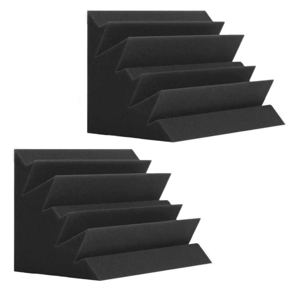 Two sets of black foam bass traps designed for sound absorption, with a 3D wedge shape, to be mounted on walls.