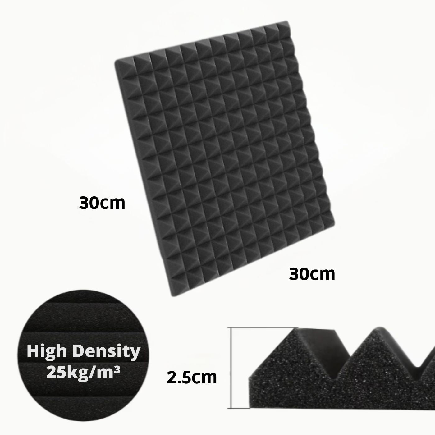 Echo-Less Self-Adhesive Acoustic Foam Pyramid Panels Grey 30x30cm 5cm Thick 6 Pack
