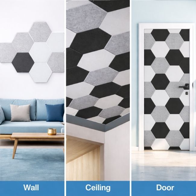 Echo-Less Self-Adhesive Hexagon Polyester Fibre Acoustic Panels Light Grey 30x26cm 9mm 12 Pack