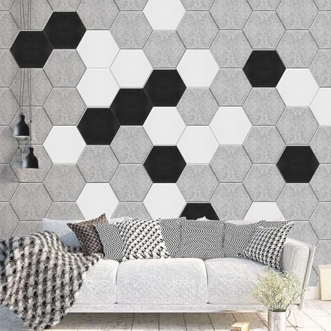 Echo-Less Self-Adhesive Hexagon Polyester Fibre Acoustic Panels Light Grey 6 panels