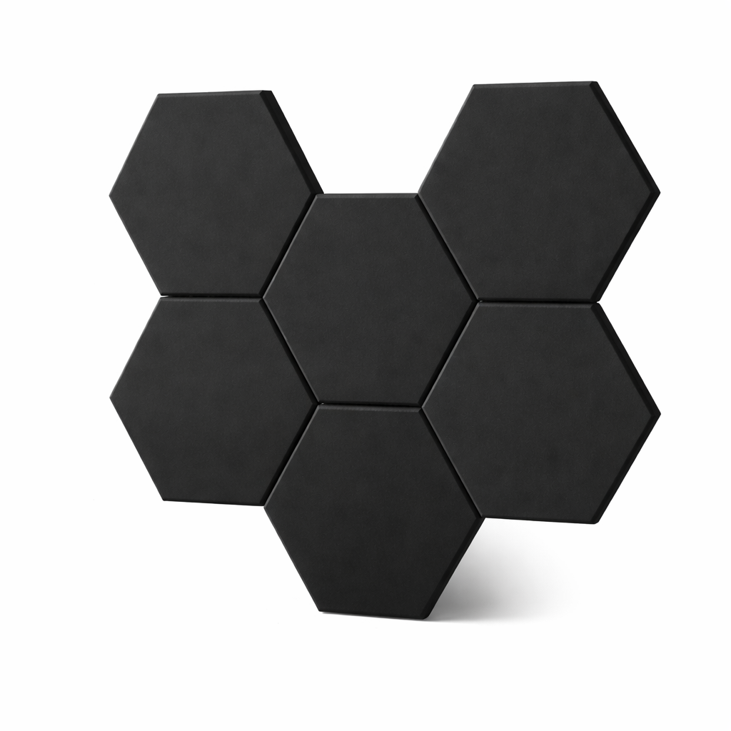 Echo-Less Self-Adhesive Hexagon Polyester Fibre Acoustic Panels Black 30x26cm 9mm 6 Pack