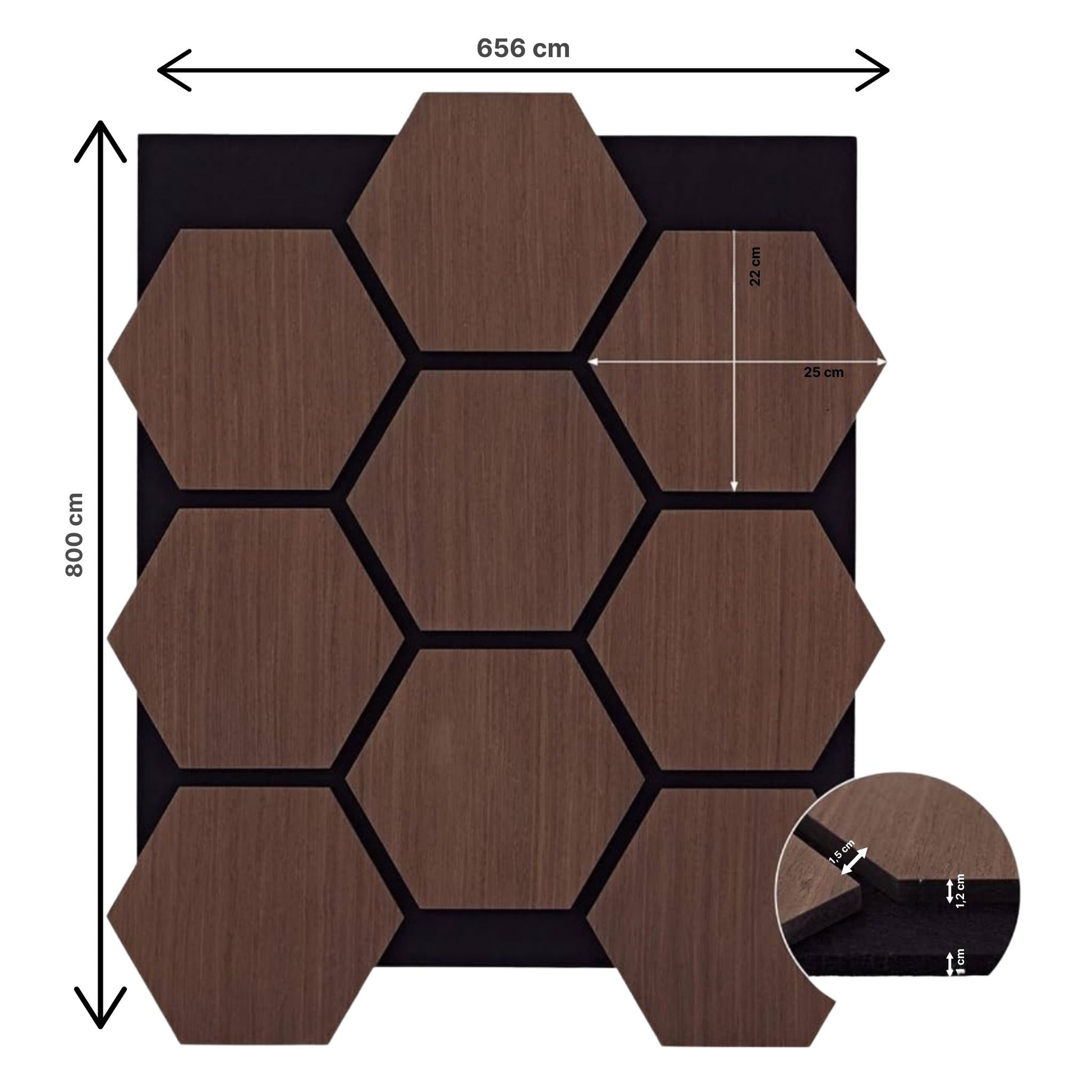 Echo-Less Wood Hexagonal Acoustic Panel Dark Walnut 80x65.6cm 23mm Single Panel