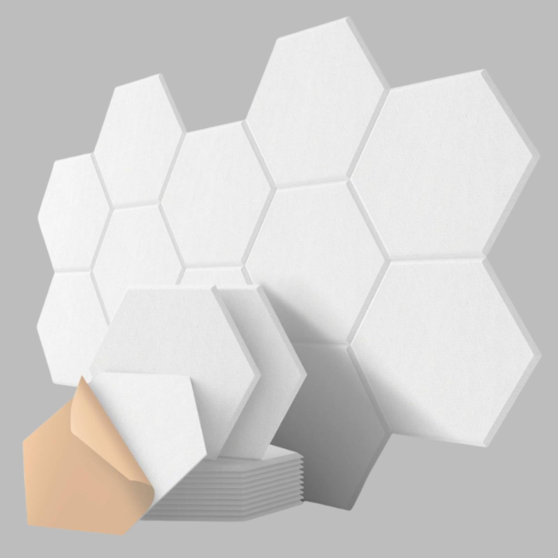 Echo-Less Self-Adhesive Hexagon Polyester Fibre Acoustic Panels White 30x26cm 9mm 12 Pack