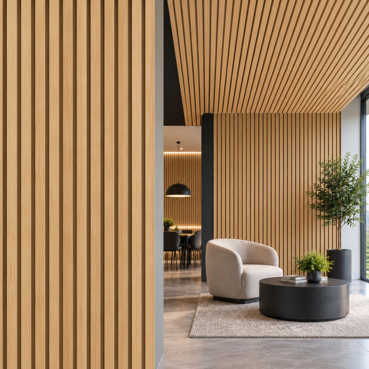 Modern interior space with light wood slat paneling on the walls and ceiling, a cream curved armchair, a round dark coffee table, a textured rug, and a potted tree near a window.