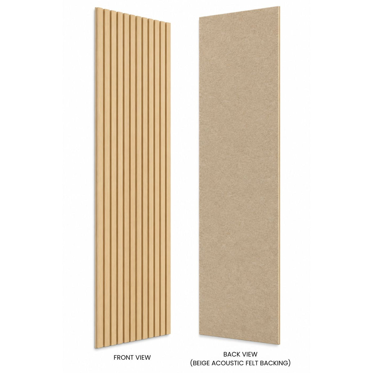 Two vertical rectangular acoustic panels shown side by side on a white background, labeled FRONT VIEW and BACK VIEW. The left panel has vertical slats in a light wood tone, and the right panel shows a beige acoustic felt backing.