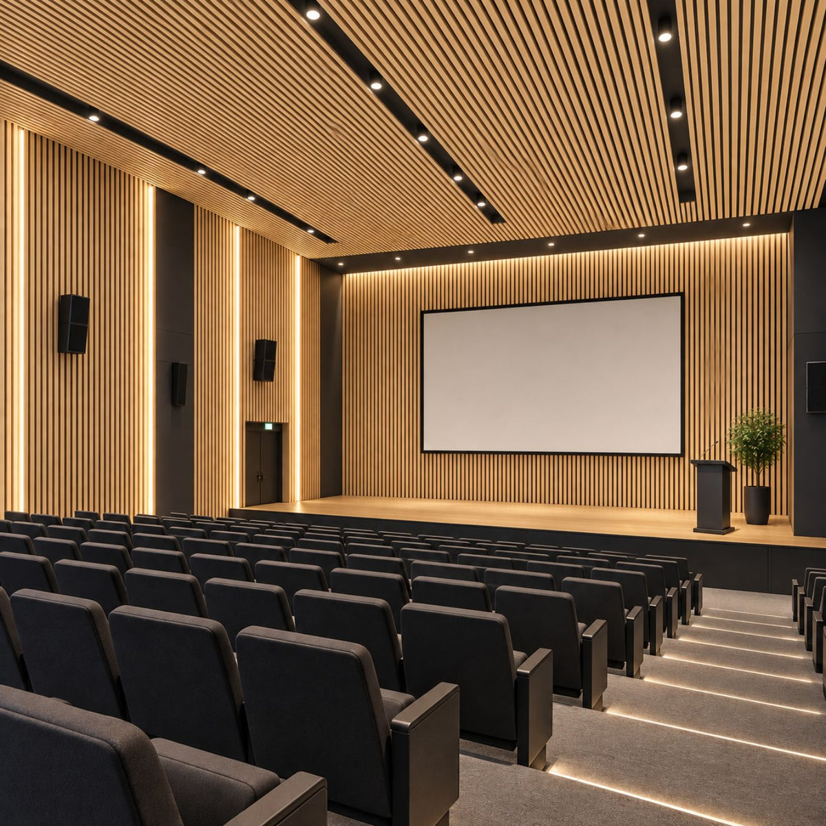 Modern auditorium interior with rows of dark theater seats facing a large white projection screen, set in a room with warm wood slat walls and ceiling, recessed lighting, and a small plant on the stage.
