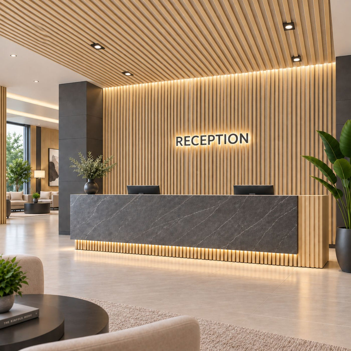 Modern reception desk in a sleek lobby with vertical wood slat backwall, illuminated 'RECEPTION' sign, dark stone front, and warm ambient lighting. Plants, seating, and ceiling light fixtures are visible in a clean interior setting.