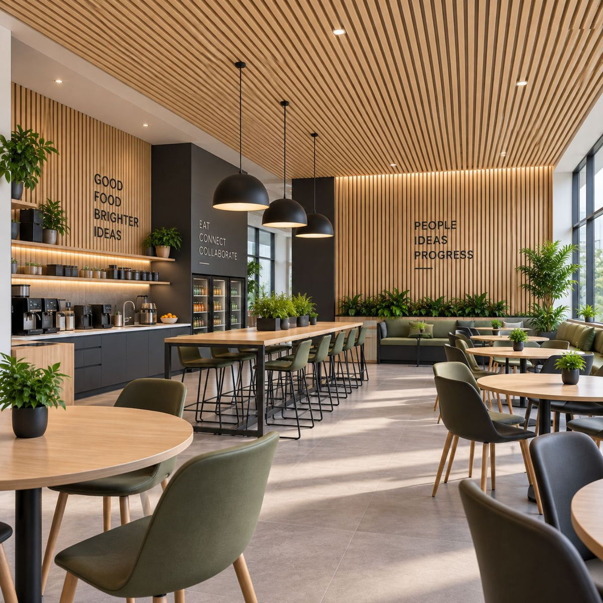 A modern, well-lit cafe or breakroom interior with wood slat walls and ceiling, black pendant lights, round wooden tables, gray chairs, bar stools, plants, and large windows. 