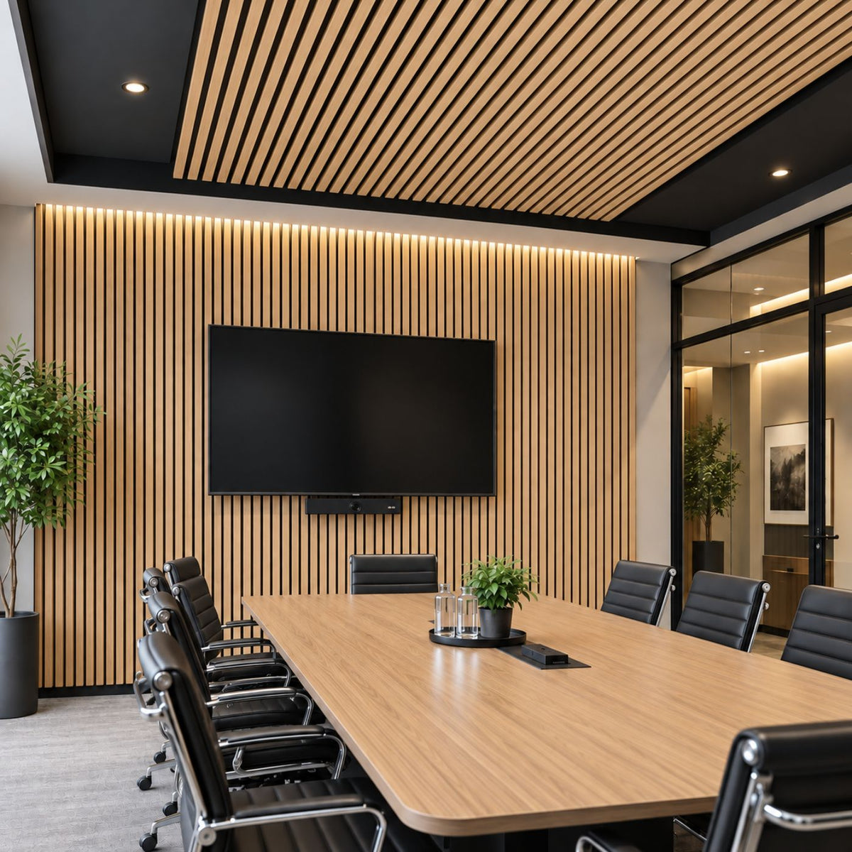 Modern conference room with a long wood table, black office chairs, a large wall-mounted screen, and a slatted wood accent wall with warm lighting.