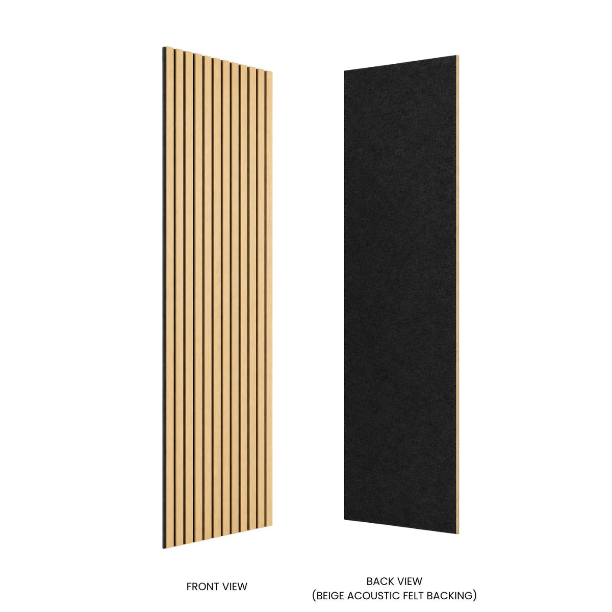 Two tall rectangular acoustic wall panels shown side by side on a white background. The left panel, labeled front view, has vertical beige wood slats.