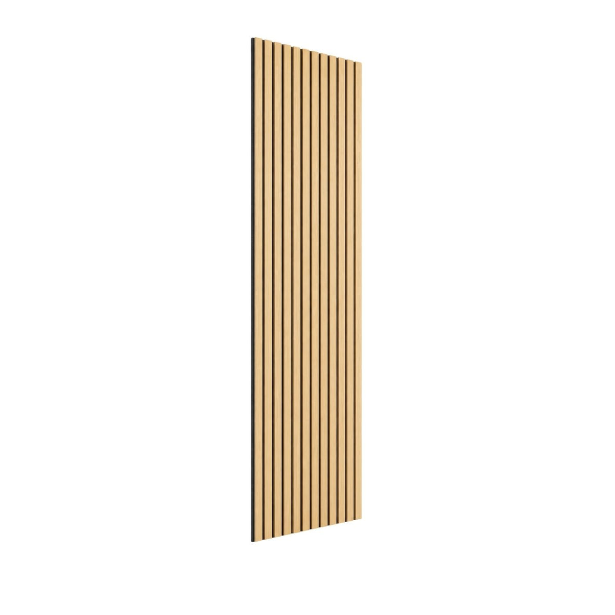 A tall, narrow vertical panel with evenly spaced warm beige wood slats, shown on a plain white background.