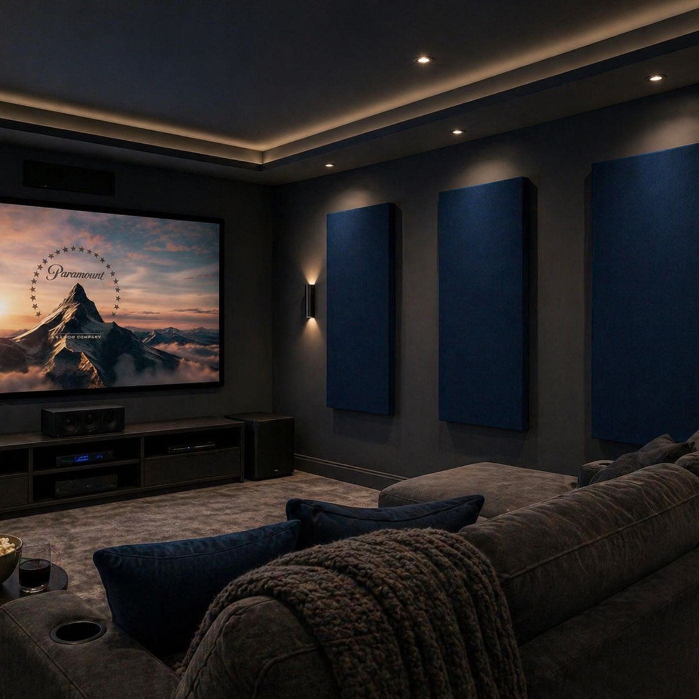 Echo-Less Super Acoustic Panel Dark home theater room with a mountain-themed movie playing on a screen.