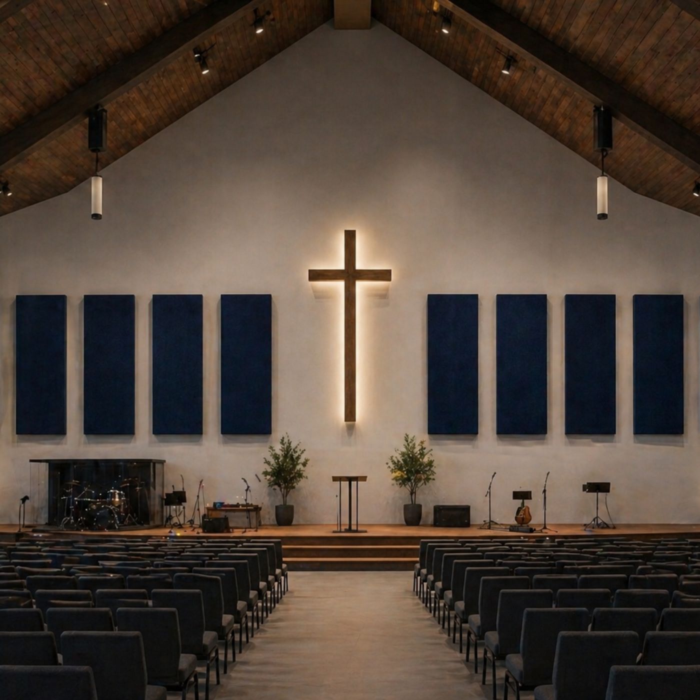 Interior of a church with a large cross on the wall, potted plants, and musical instruments.