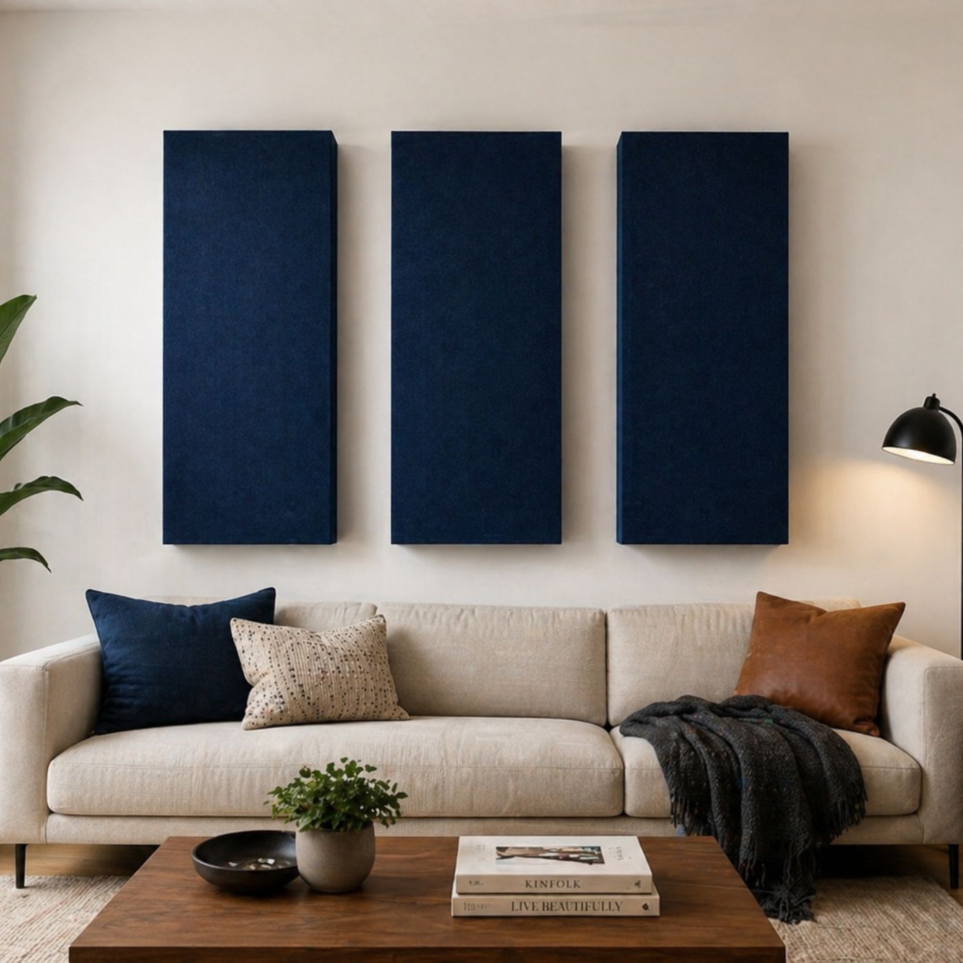 Echo-Less Super Acoustic Panel Living room with a beige sofa, wooden coffee table, and three dark blue wall panels.