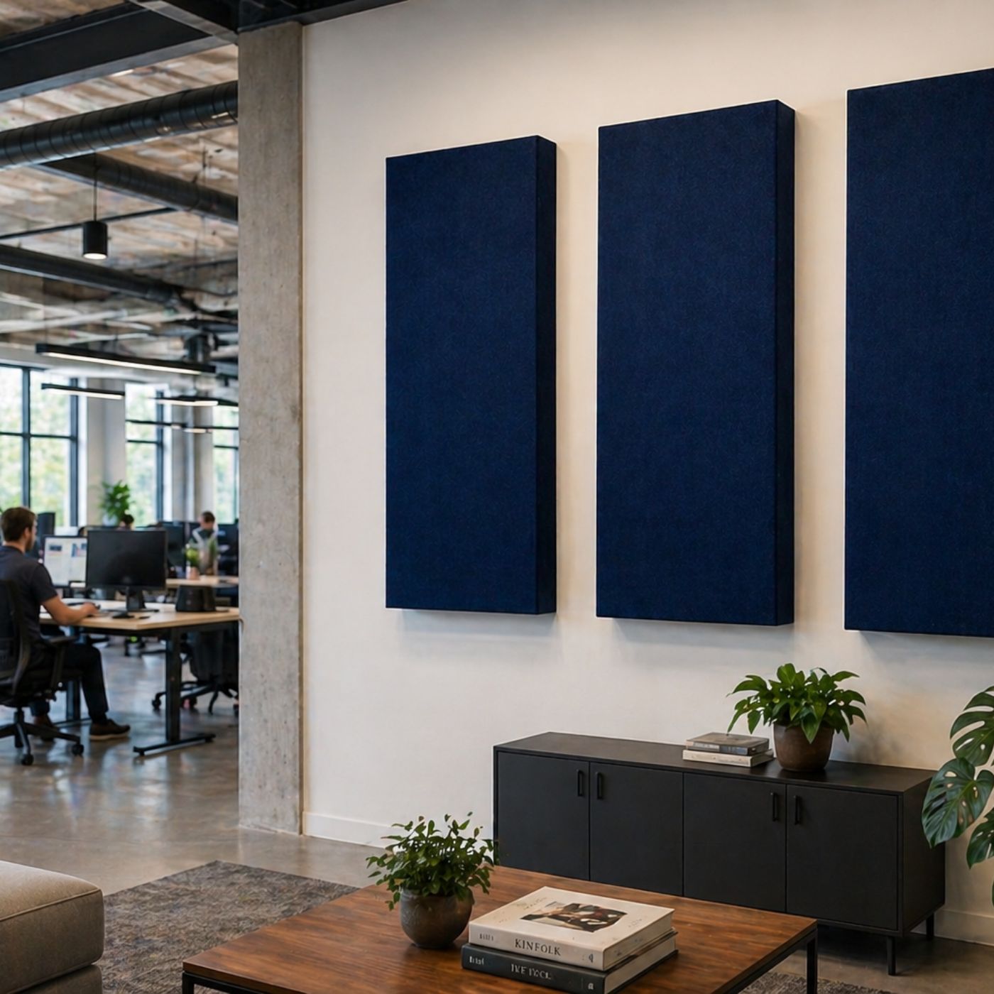 Echo-Less Super Acoustic Panel Modern office interior with blue acoustic panels on the wall