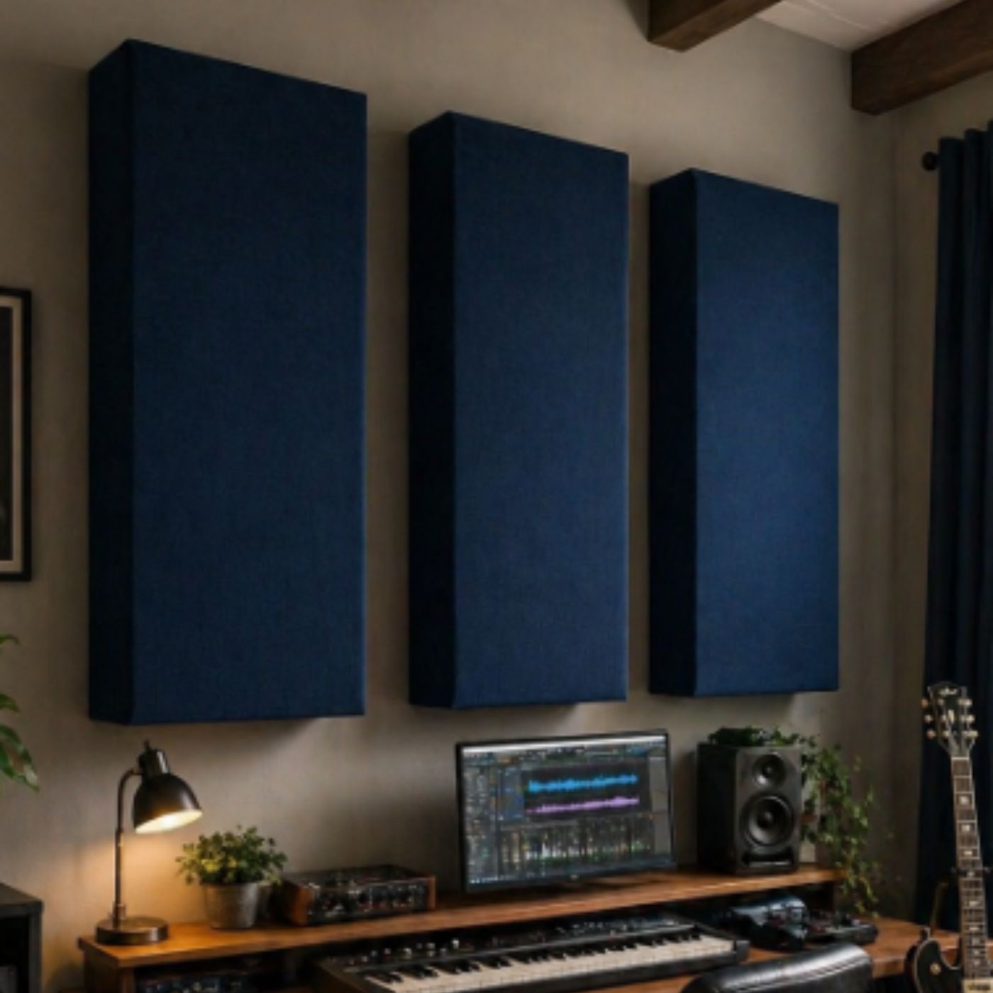 Echo-Less Super Acoustic Panel Acoustic foam panels on a wall above a music production setup with a computer and keyboard.