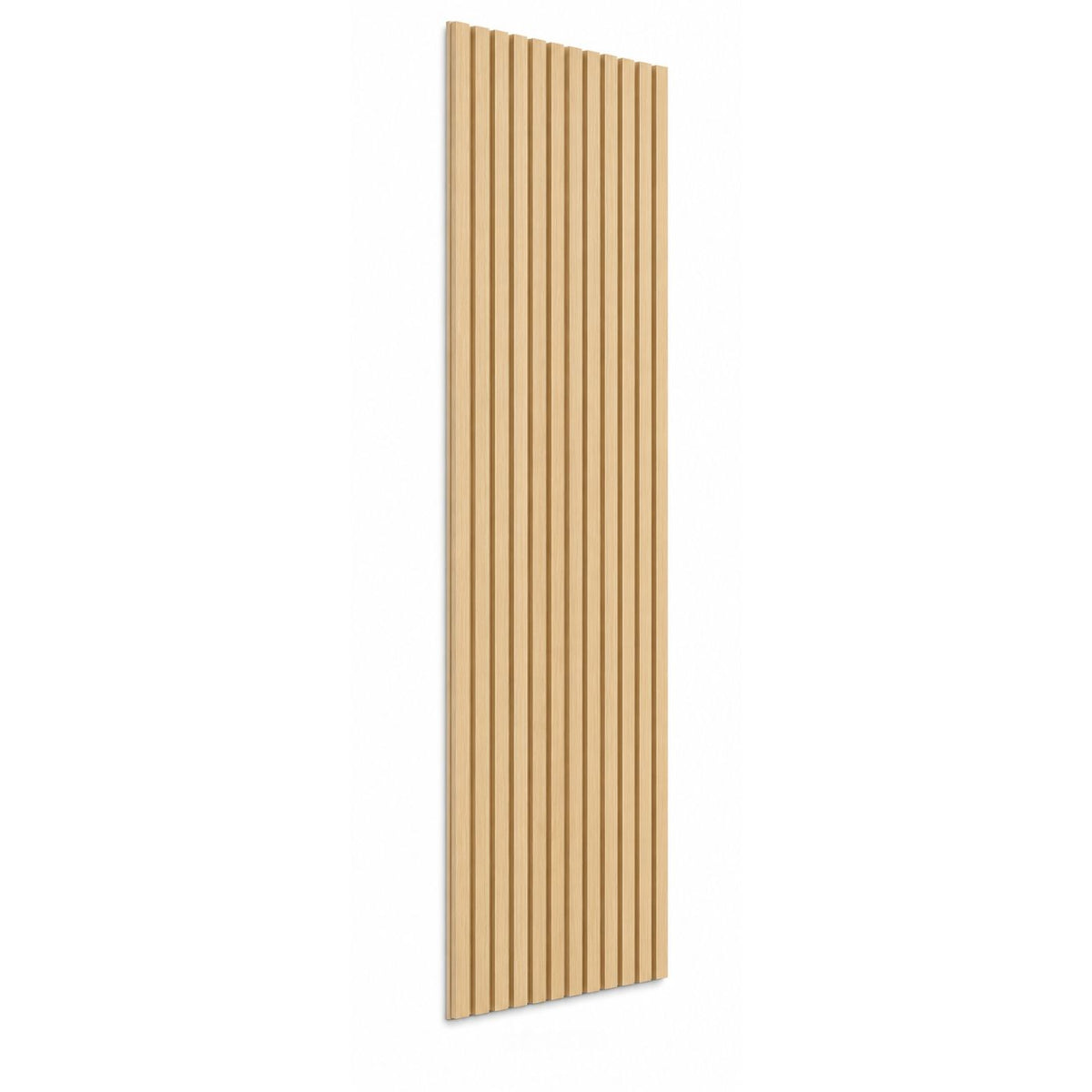 Close-up of natural oak wood slats with beige acoustic felt backing for sound absorption and diffusion