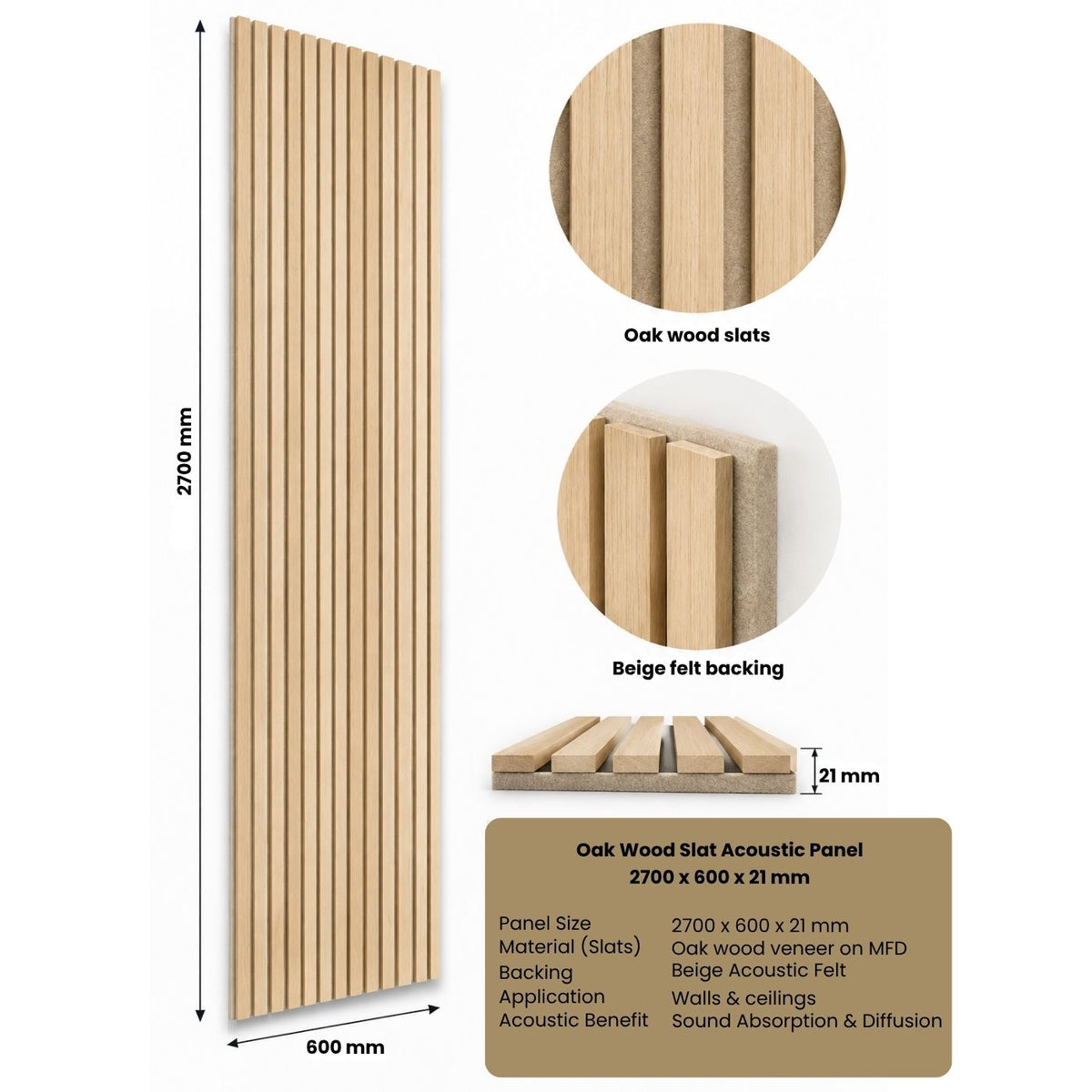 Echo-Less Akupanel oak wood slat acoustic panel with beige felt backing 2700 x 600 x 21mm