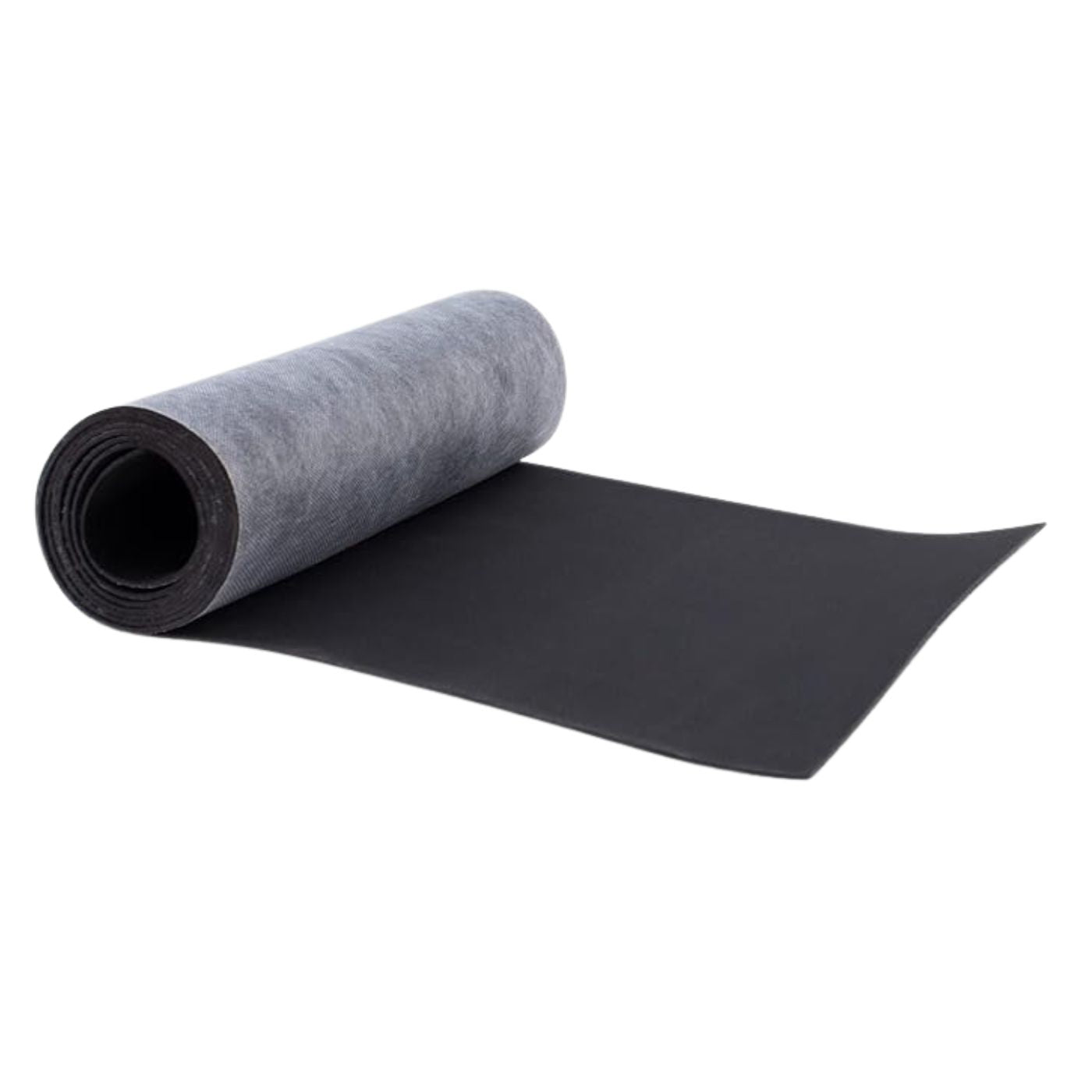 A gray textured yoga mat shown partially unrolled, revealing a black underside, set against a plain white background.