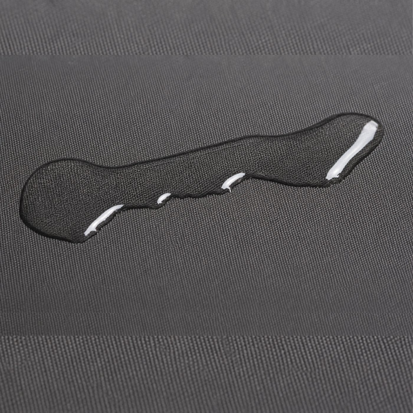 A close-up of a dark gray textured fabric surface with a glossy water droplet resting on it, demonstrating a water-repellent or waterproof finish.