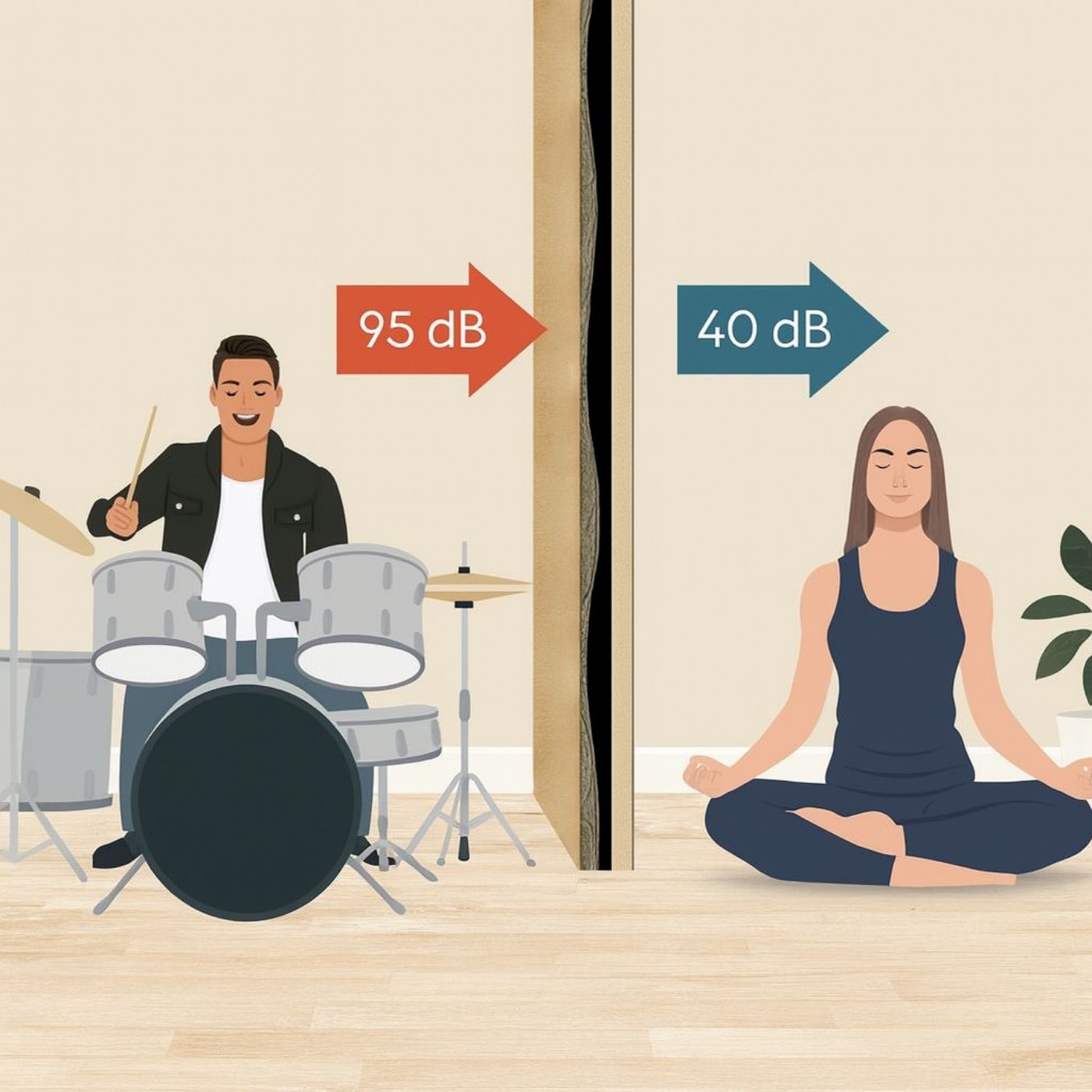 Mass loaded vinyl. Illustration of a person playing drums next to a woman meditating with dB levels indicated.