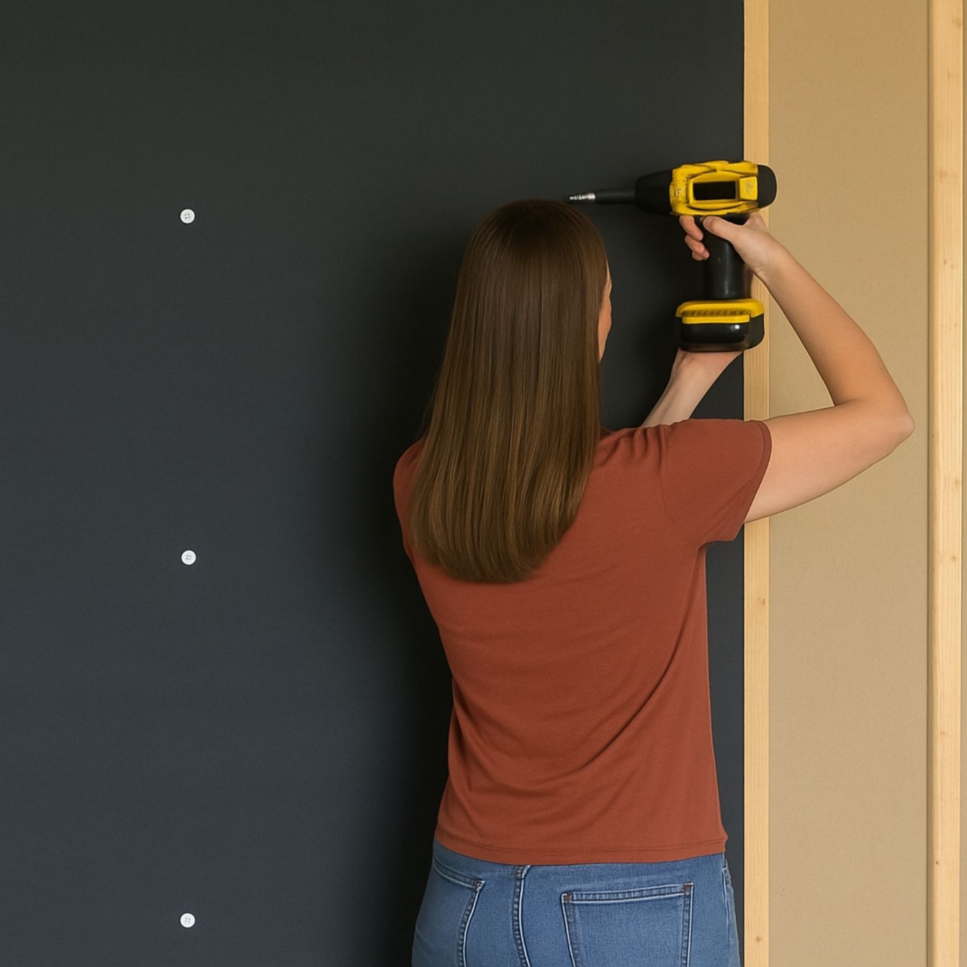 Mass loaded vinyl. Person using a drill on a black wall