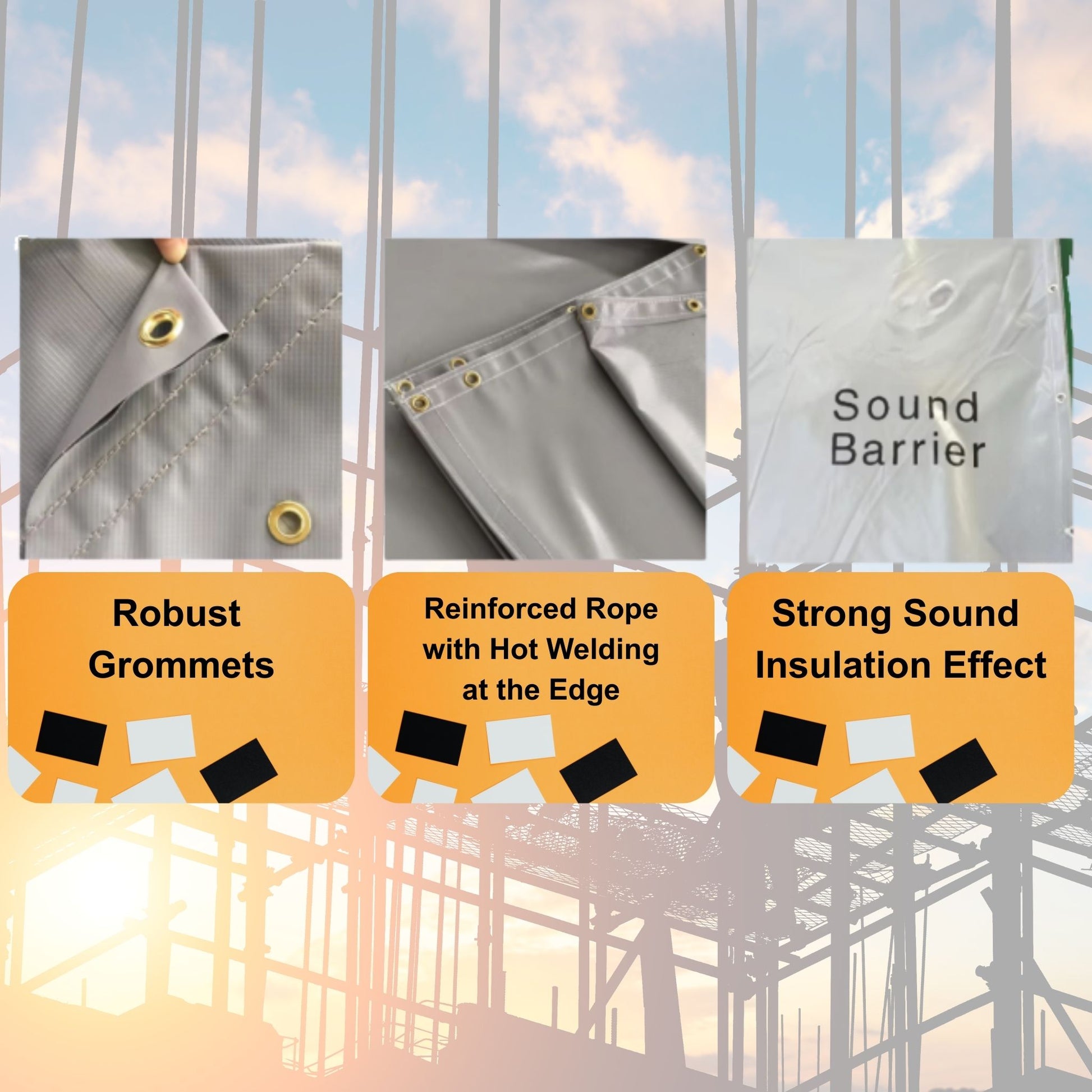 Echo-Less. Sound barrier material with features highlighted on a construction site background