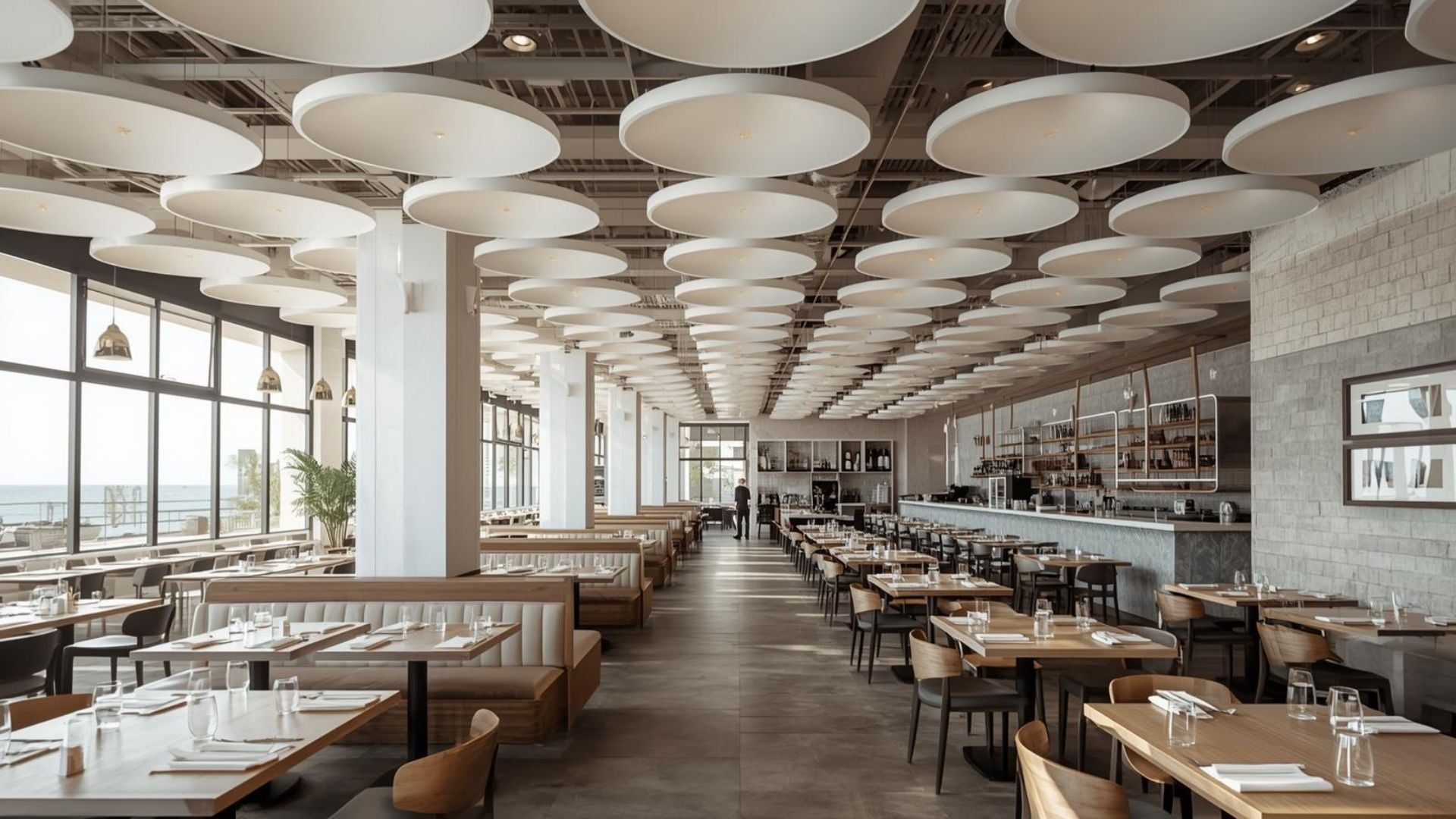 cosmopolitan resturant with white  circular Ceiling acoustic panels baffles.jpg__PID:d25b8e26-1dec-4fa2-bb1e-422d03762e00